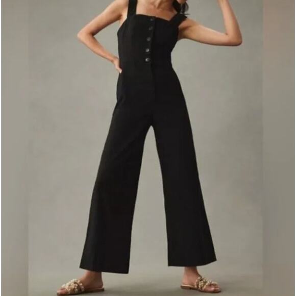 ANTHROPOLOGIE x MAEVE Colette Portside Button Front Jumpsuit Black Sz 12 {3Y12} - Picture 1 of 7